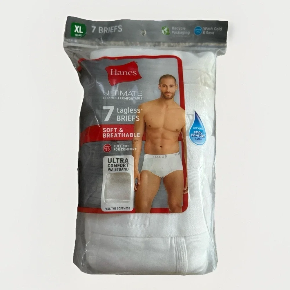 HANES Tagless Briefs Mens XL White 7-Pack Ultimate Soft Breathable Full Cut